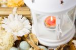 Dried Flowers With Lamp And Candle Stock Photo