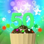 Fifty Candle On Cupcake Means Special Celebration Or Colourful E Stock Photo