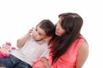 Young Mother And Her Son Spend Time Together.  Focus In The Litt Stock Photo
