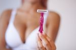 Pink Hair Attractive Woman Hold Pink Female Shaver In Hand Stock Photo