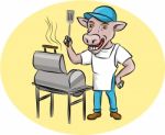 Cow Barbecue Chef Smoker Oval Cartoon Stock Photo