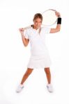 Standing Tennis Player With Racket Stock Photo