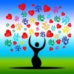 Handprints Tree Represents Valentine's Day And Artwork Stock Photo