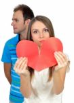 Attractive Young Girl Holding Broken Paper Red Valentine Heart Stock Photo