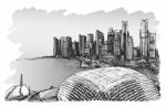 Sketch City Scape Of Singapore Skyline, Free Hand Draw Illustration Stock Photo
