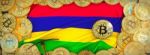Bitcoins Gold Around Mauritius  Flag And Pickaxe On The Left.3d Stock Photo