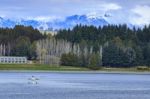 Water Plane Floating Over Fresh Water Lake Against Beautiful Mountain Scenery In Lake Te Anau New Zealand Stock Photo