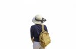 Women Shoulder Backpack And Wear A Hat On A White Background Stock Photo
