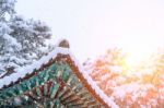 Landscape In Winter With Roof Of Gyeongbokgung And Falling Snow In Seoul,south Korea.sunset In Winter Stock Photo