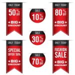 Sale Banner For Red Ribbon And Many Discount Price Isolated On White Background Stock Photo
