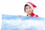 Christmas Boy With Empty Banner Stock Photo