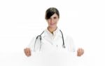 Lady Doctor Posing With Placard Stock Photo