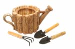 Garden Tool And Wood Fiower Pot Stock Photo