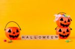 Halloween Jack O Lantern Bucket With Candies Stock Photo