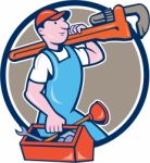 Plumber Carrying Monkey Wrench Toolbox Circle Stock Photo