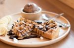 Delicious Sweet Dessert : Homemade Waffle With Chocolate Sauce , Stock Photo