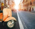 Italian Scooter And Old Building Style In Rome Use As Traveling Background ,backdrop Stock Photo