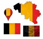 Grunge Belgium Flag, Map And Map Pointers Stock Photo