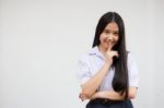 Portrait Of Thai High School Student Uniform Beautiful Girl Silently Stock Photo
