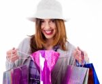 Woman Showing Her Shopping Bags Stock Photo