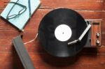 Turntables And Vinyl On Wooden Background Stock Photo