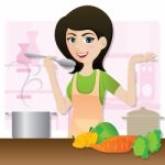 Cartoon Smart Girl Cooking Vegetarian Soup In Kitchen Stock Photo