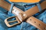 Leather Belt On  Jeans Pants Background Stock Photo