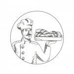 Baker Holding Bread On Plate Doodle Art Stock Photo