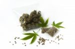 Cannabis Medicine Bag Green Leaves Raw Hemp Seeds Stock Photo