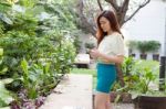 Portrait Of Thai Adult Businesswoman Beautiful Girl Relax And Smile Stock Photo