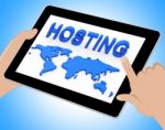 Hosting World Shows Earth Webhosting And Worldwide Tablet Stock Photo
