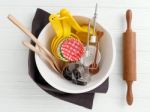 Baking Tools And Utensils In Mixing Bowl Stock Photo