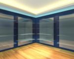Blue Shelves In Brown Empty Room Stock Photo