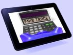 Fair Trade Calculator Tablet Shows Ethical Products And Buying Stock Photo