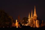 Three Ancient Pagoda Night From Ayuthaya Thailand Stock Photo
