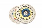 Isolated Group Of New Disc Brake For Motorcycle Stock Photo