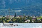 Yachts Moored At Lake Mondsee In Austria Stock Photo