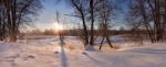 Winter River. Sunrise In Winter Morning. Snow Landscape Stock Photo