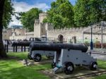 Ancient Cannons On Display Outside The Tower Of London Stock Photo