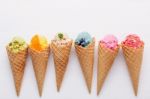 Various Of Ice Cream Flavor In Cones Blueberry ,strawberry ,pist Stock Photo