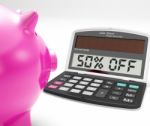 Fifty Percent Off Calculator Means Half-price Promotion Stock Photo