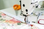 Sewing Machine And Fabric Closeup Stock Photo