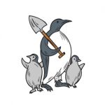 Penguin Holding Shovel With Chicks Drawing Stock Photo
