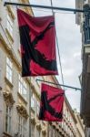 Unusual Flags Hanging From A Building Near The Hofburg In Vienna Stock Photo