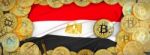 Bitcoins Gold Around Egypt  Flag And Pickaxe On The Left.3d Illu Stock Photo