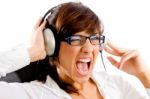 Shouting Woman Listening Music Stock Photo