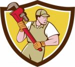 Plumber Holding Pipe Wrench Crest Cartoon Stock Photo