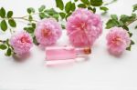 Bottles Of Essential Rose Oil For Aromatherapy, Huntington Rose Stock Photo