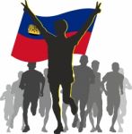 Athlete With The Liechtenstein Flag At The Finish Stock Photo