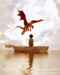 Boy Standing On An Old Wooden Rowboat In The Sea Looking At The Dragon Stock Photo